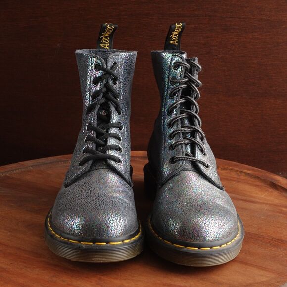 Dr. Martens Combat Boots Womens SZ 8 Gray Iridescent Pascal Lace Up 8 Eye Casual - Picture 3 of 16
